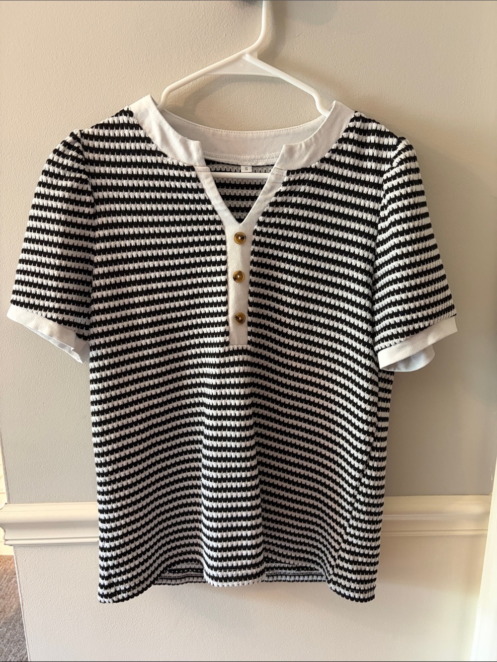 Black & White Striped Knit Henley Top